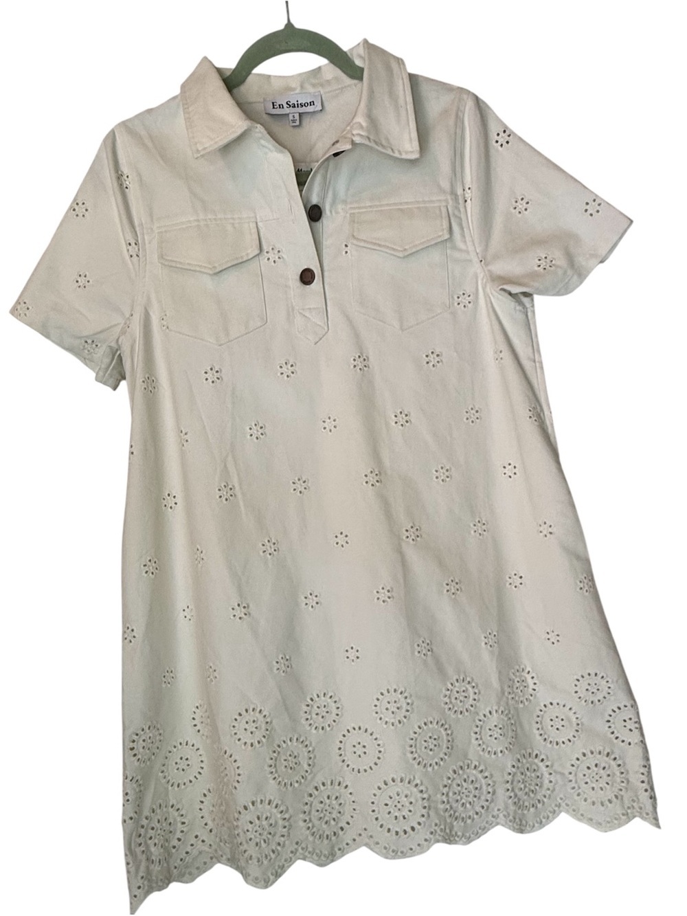 En Saison Cream Eyelet Shift Dress with Collar